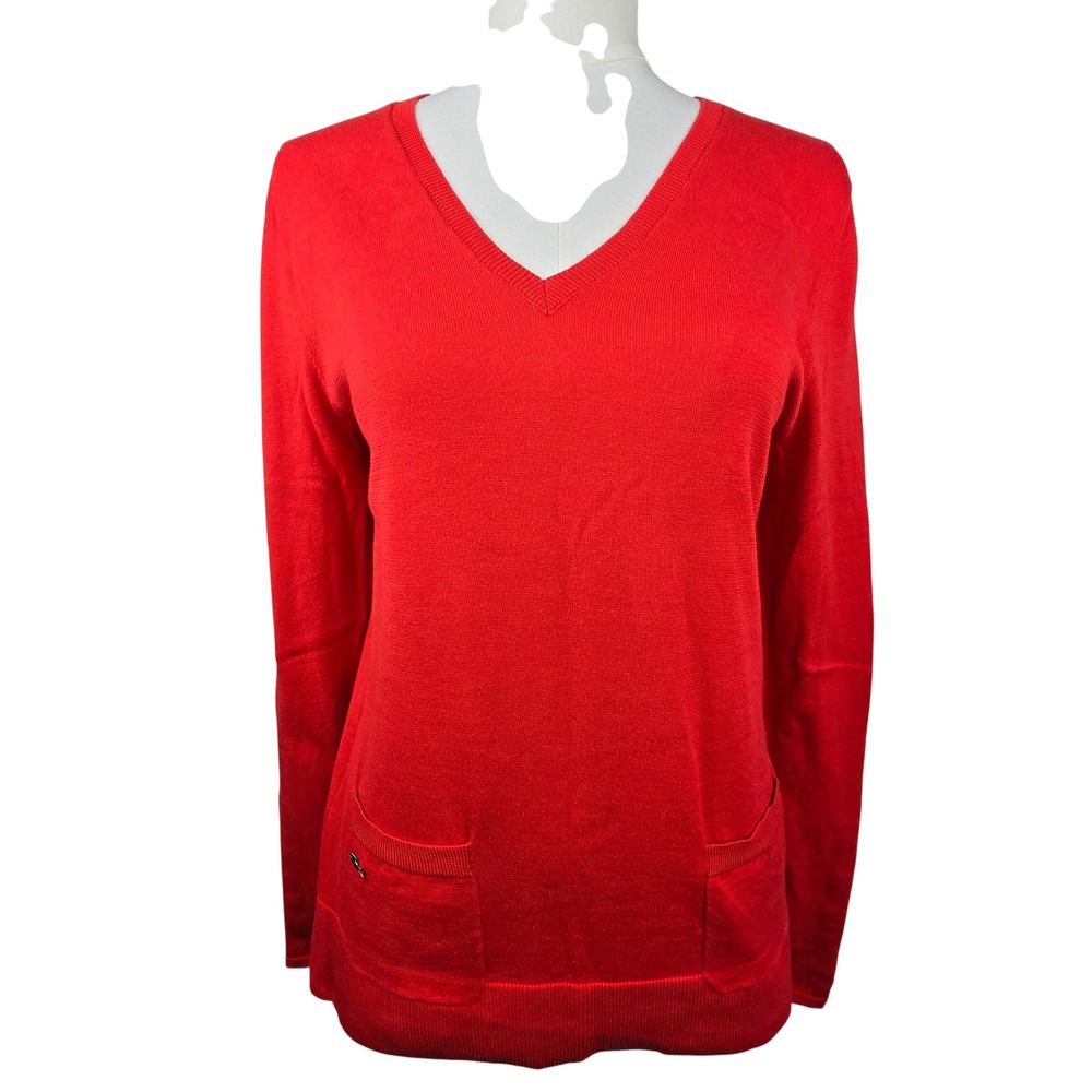 Lacoste V-Neck Sweater Women 38 Size M Red Button Cuff Pockets Knit Pullover